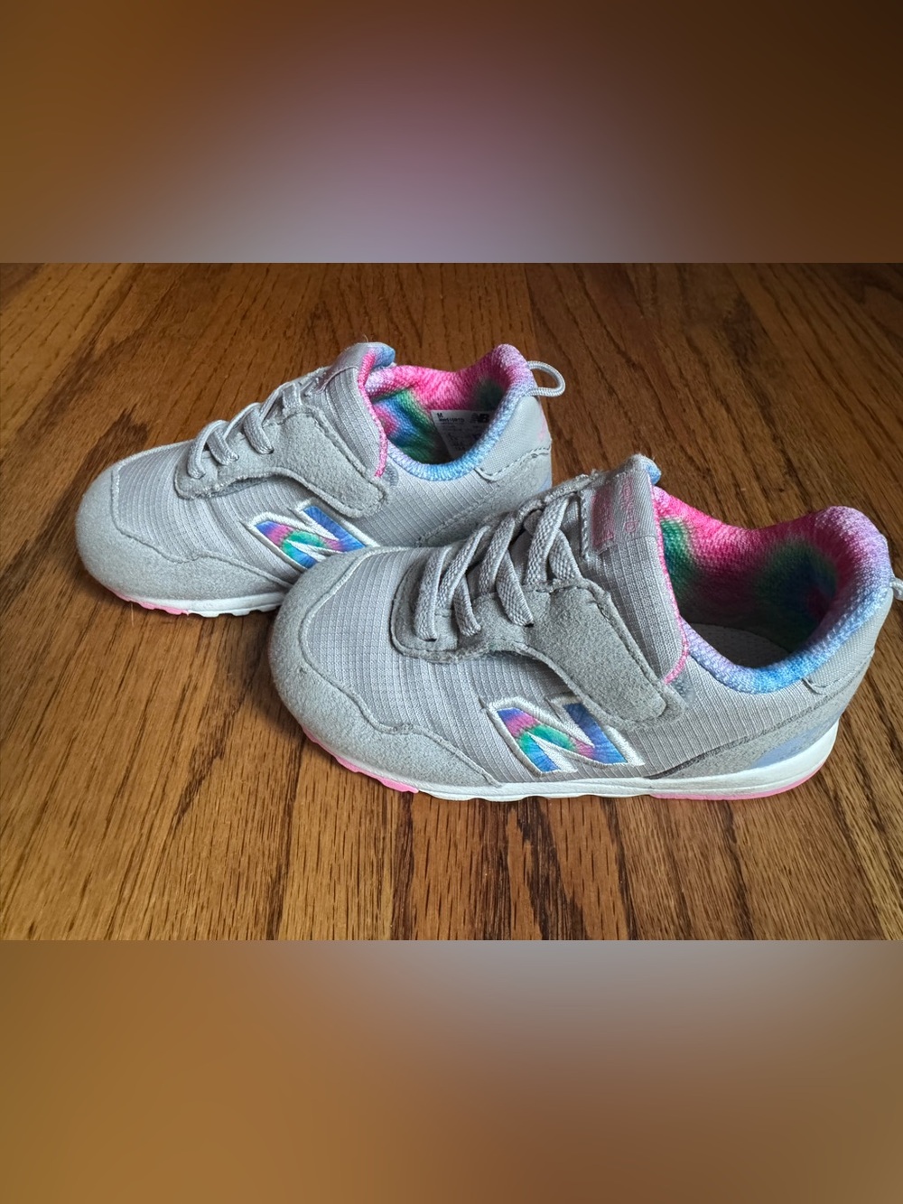 New Balance Kids Gray Sneakers with Pastel Rainbow Lining